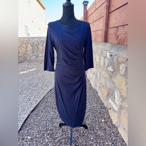 HOMEEYE Navy Blue Ruched Sheath Dress Large 3/4 Sleeve Bodycon Work EXCELLENT - Picture 6 of 13